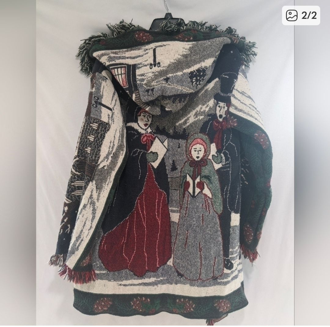 SALE Coat - Tapestry - Christmas Carol Tapestry Jacket | Vintage Hooded Holiday Coat
