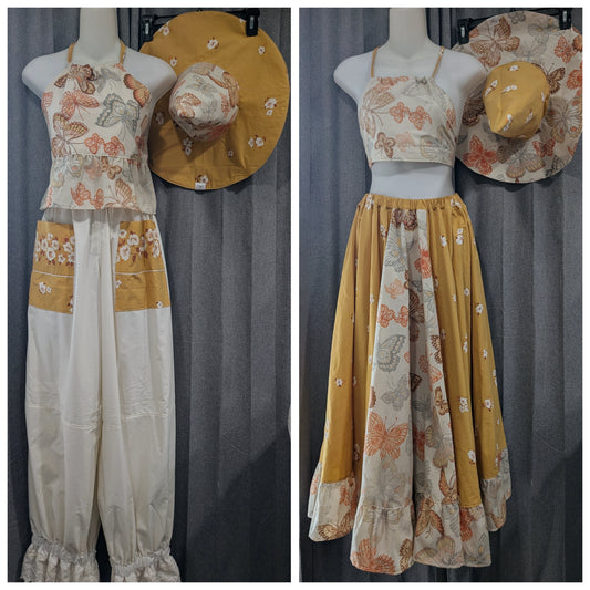 Vintage 70s Butterfly Cottagecore Set | Maxi Skirt, Bloomers, Halter Tops & Witch Hats
